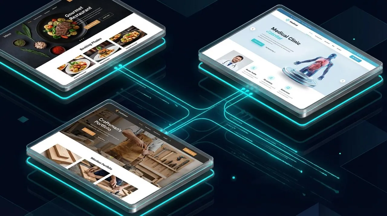 Beispiel-Websites auf verschiedenen Geräten: Smartphone, Laptop, Tablet — gebaut von AIcraft