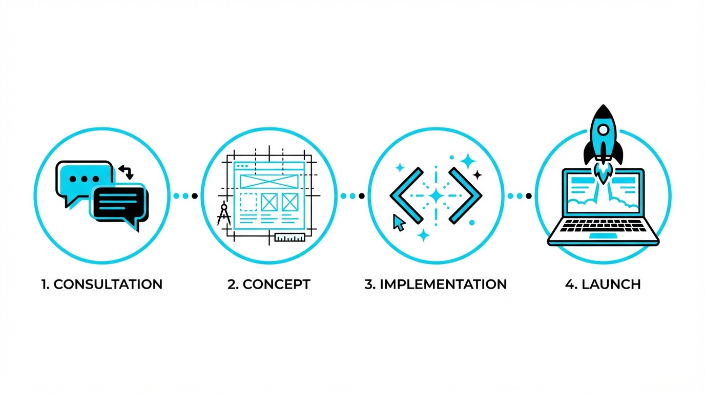 AIcraft Ablauf: 1. Erstgespräch, 2. Konzept, 3. Umsetzung, 4. Launch