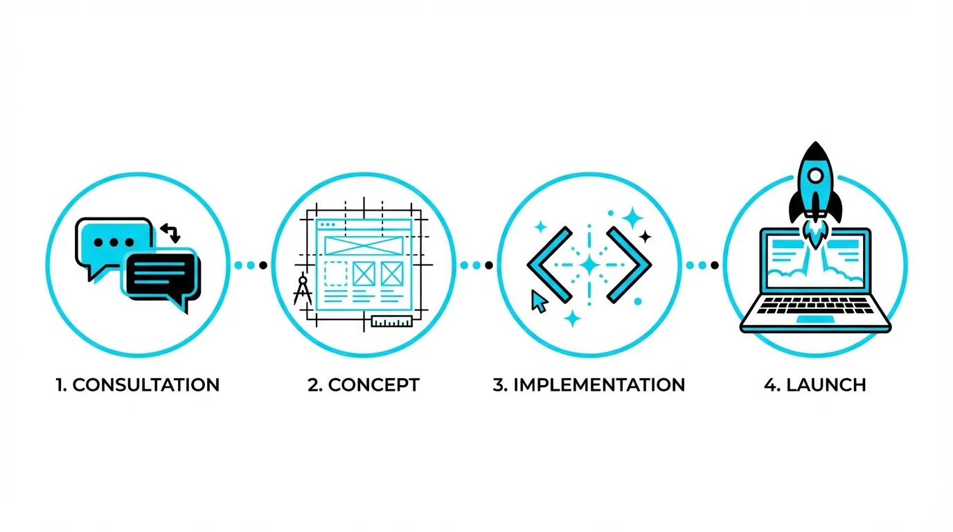 AIcraft Ablauf: 1. Erstgespräch, 2. Konzept, 3. Umsetzung, 4. Launch